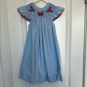 Smocked Light Blue Girls Dress with Red Crab Motif